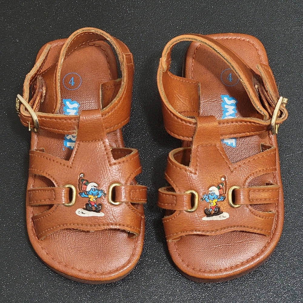 Vintage Smurf Brown Open Toe Gold Buckle Sandals Shoes Baby / Toddler Size 4 NOS